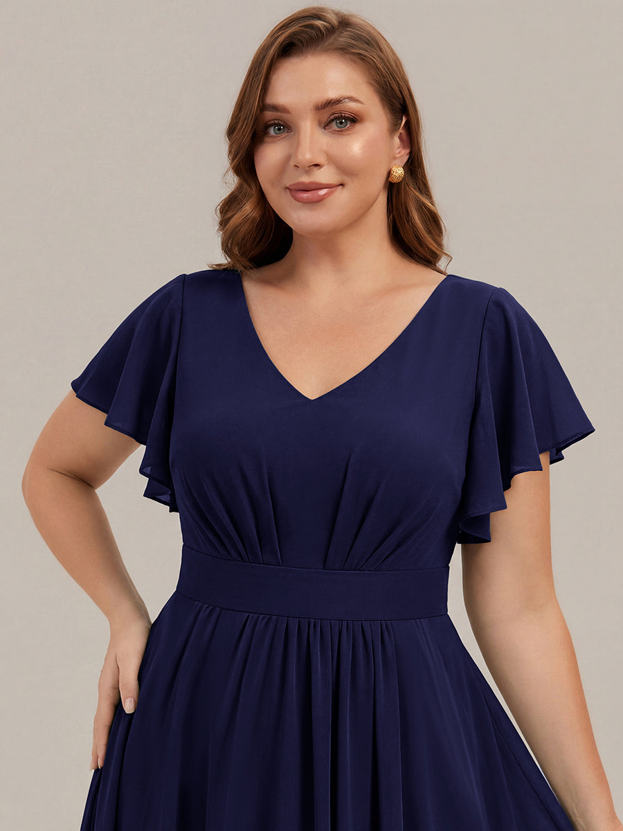 Midi Tee-L?nge Smocked A-Linie Kleid Mit V-Ausschnitt Aus Chiffon Elegant Und Stilvoll Kleid #Farbe_Marineblau