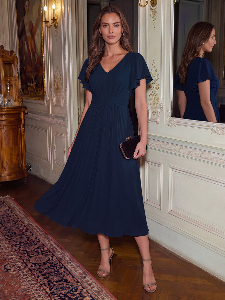 Midi Tee-L?nge Smocked A-Linie Kleid Mit V-Ausschnitt Aus Chiffon Elegant Und Stilvoll Kleid #Farbe_Marineblau