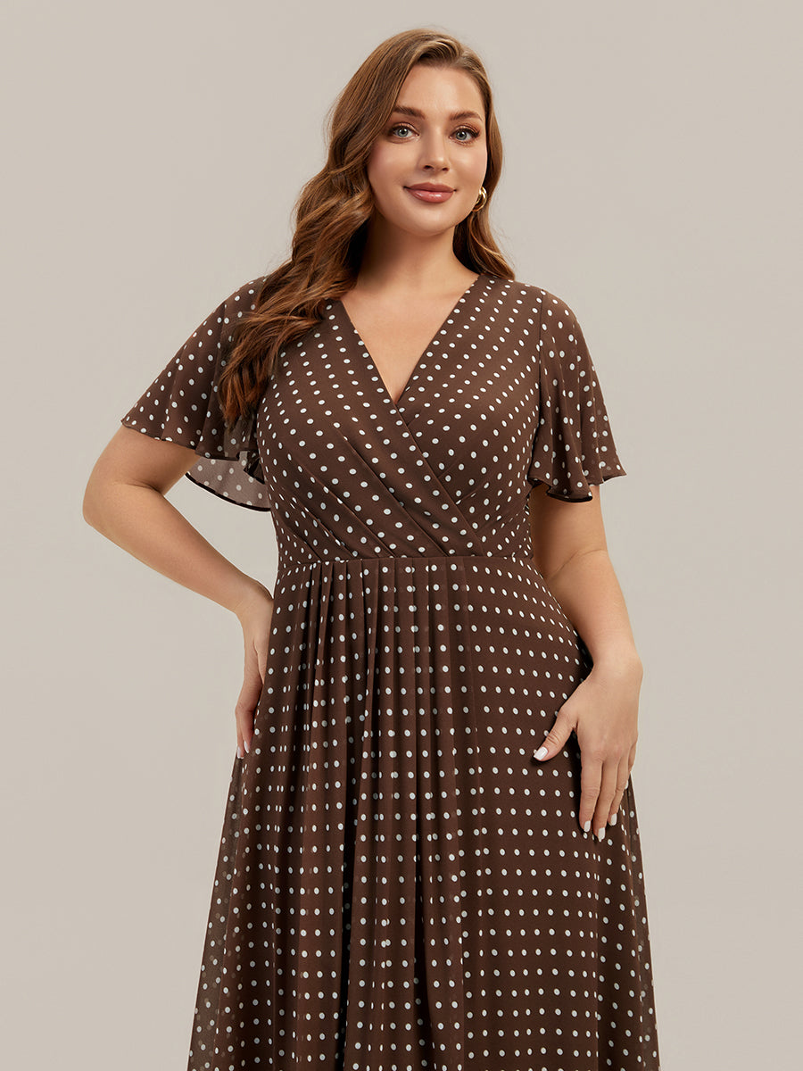Asymmetrischer Saum V-Ausschnitt A-Linie Chiffon Kleid R¨¹schendetails Gepunkteter Druck #Farbe_Braune Punkte