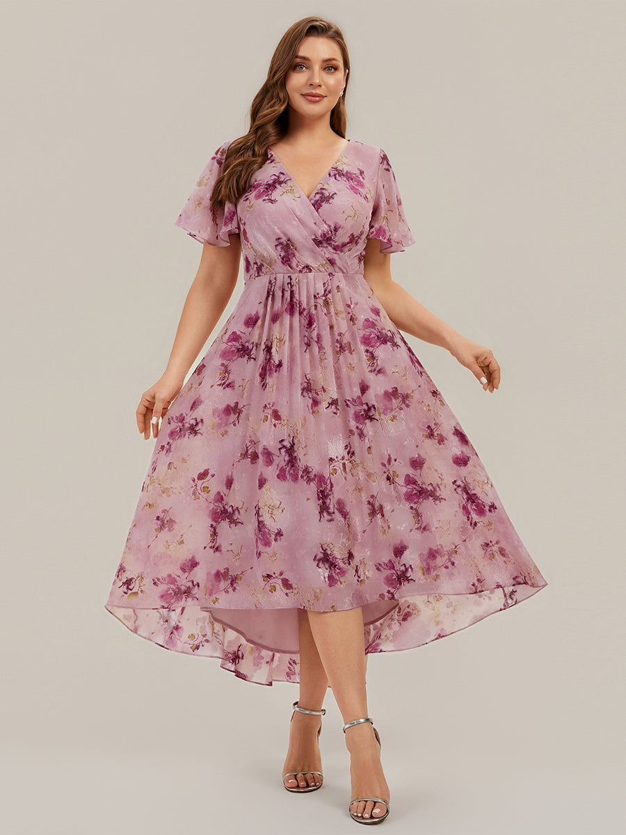 Asymmetrischer Saum V-Ausschnitt A-Linie Chiffon Kleid R¨¹schendetails Gepunkteter Druck #Farbe_Helllila mit Print