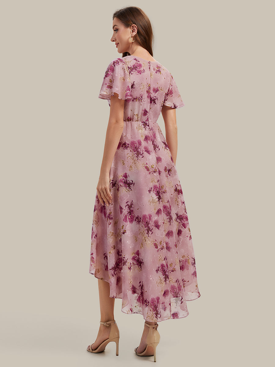 Asymmetrischer Saum V-Ausschnitt A-Linie Chiffon Kleid R¨¹schendetails Gepunkteter Druck #Farbe_Helllila mit Print