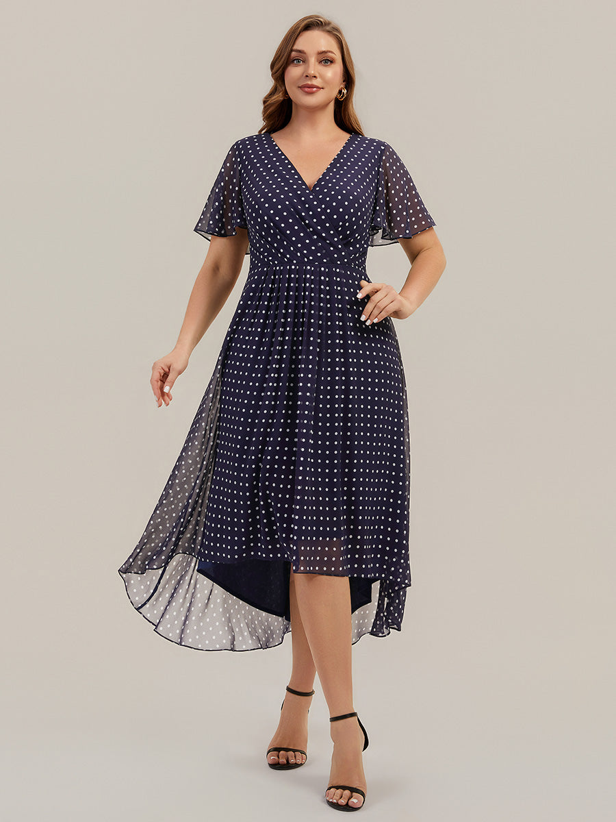 Asymmetrischer Saum V-Ausschnitt A-Linie Chiffon Kleid R¨¹schendetails Gepunkteter Druck #Farbe_Marineblaue Punkte