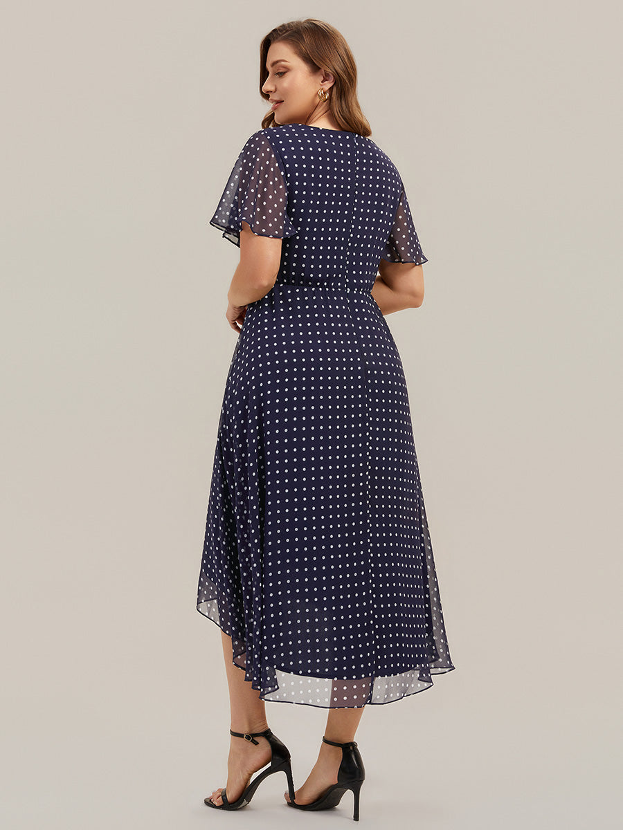 Asymmetrischer Saum V-Ausschnitt A-Linie Chiffon Kleid R¨¹schendetails Gepunkteter Druck #Farbe_Marineblaue Punkte