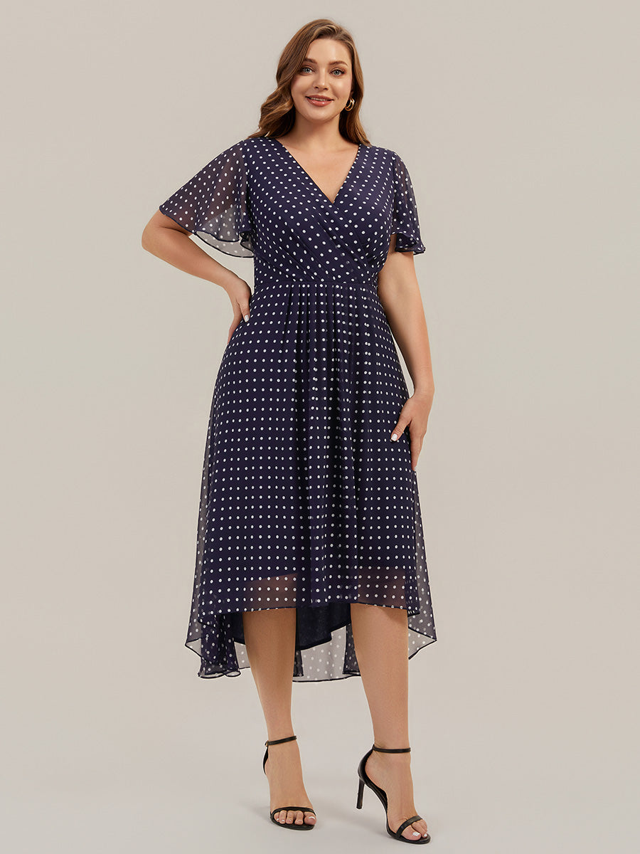 Asymmetrischer Saum V-Ausschnitt A-Linie Chiffon Kleid R¨¹schendetails Gepunkteter Druck #Farbe_Marineblaue Punkte