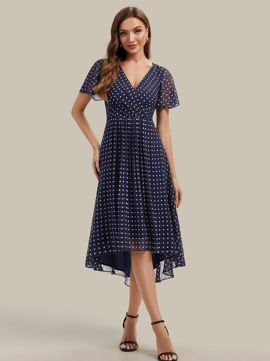 Asymmetrischer Saum V-Ausschnitt A-Linie Chiffon Kleid R¨¹schendetails Gepunkteter Druck #Farbe_Marineblaue Punkte