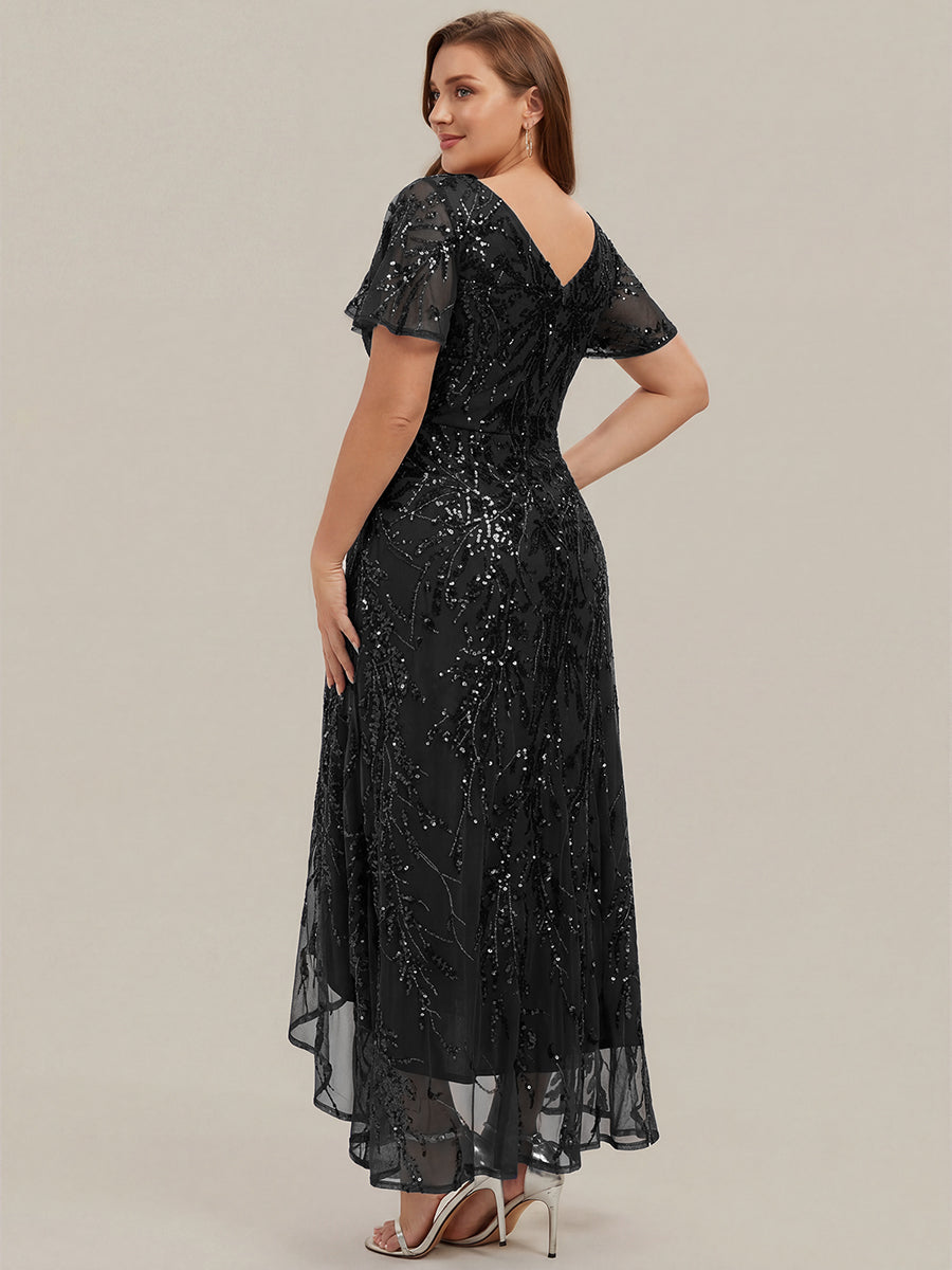 Asymmetrischer Saum V Neck Kleid Pailletten R¨¹schen Glitzerndes Design #Farbe_Schwarz