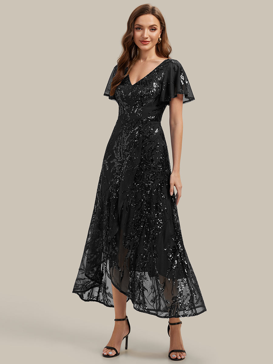 Asymmetrischer Saum V Neck Kleid Pailletten R¨¹schen Glitzerndes Design #Farbe_Schwarz