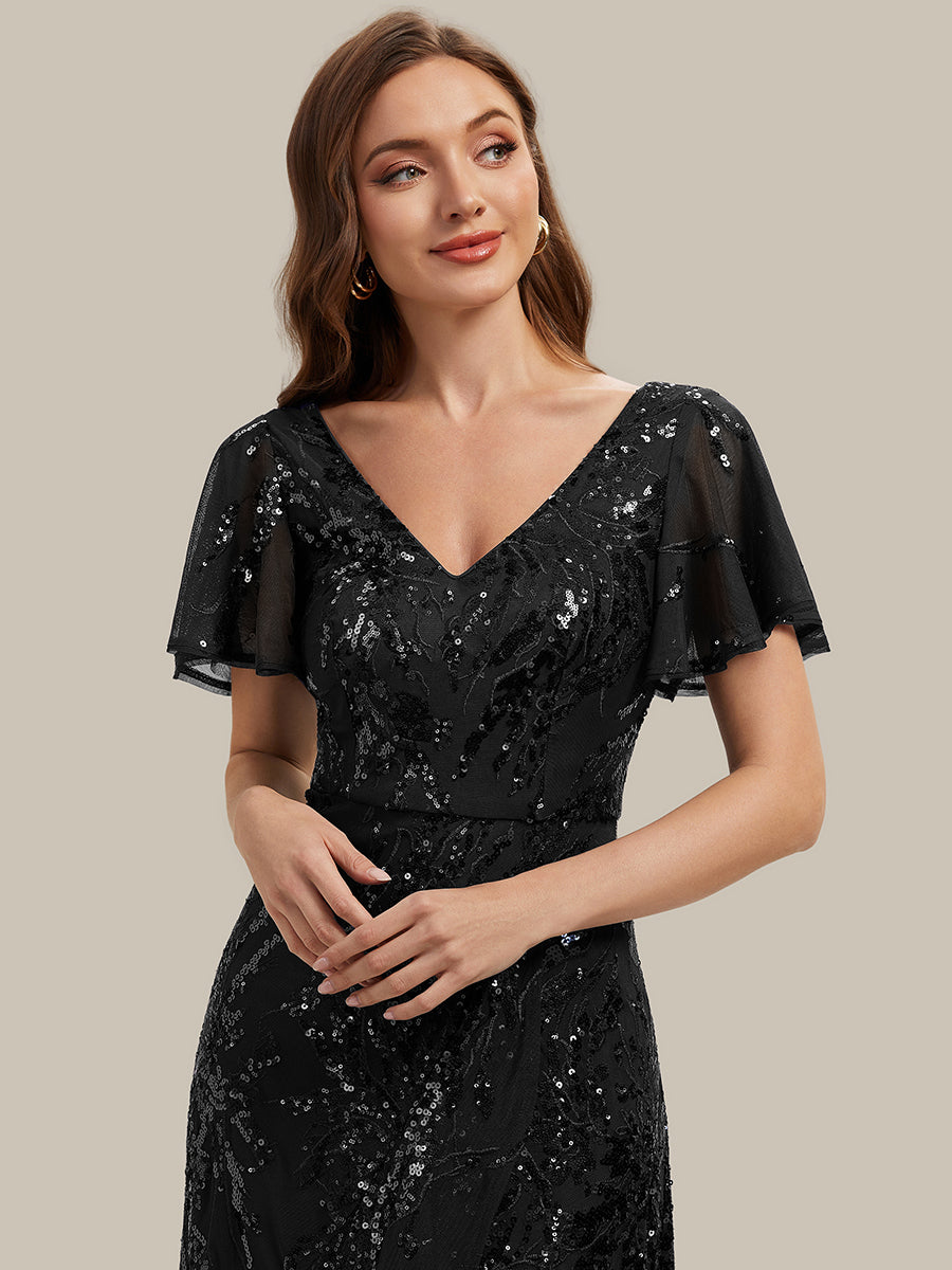 Asymmetrischer Saum V Neck Kleid Pailletten R¨¹schen Glitzerndes Design #Farbe_Schwarz