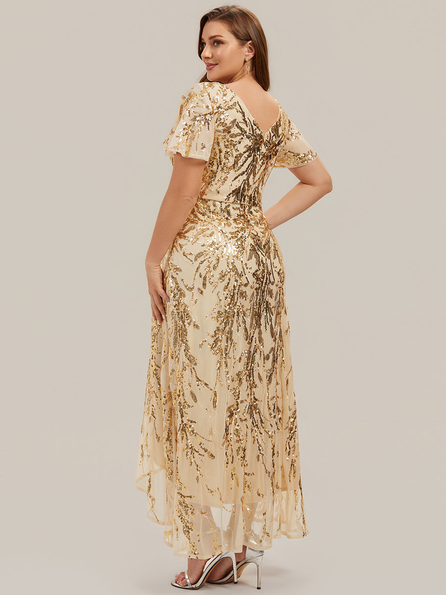 Asymmetrischer Saum V Neck Kleid Pailletten R¨¹schen Glitzerndes Design #Farbe_Gold