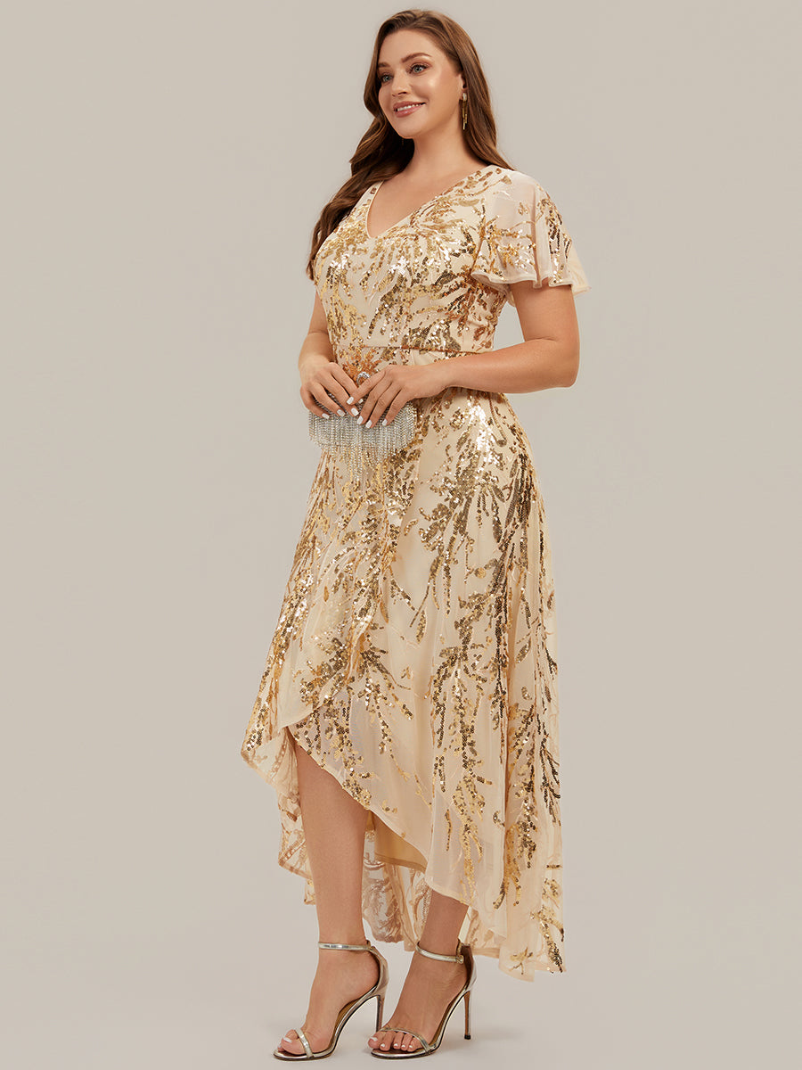 Asymmetrischer Saum V Neck Kleid Pailletten R¨¹schen Glitzerndes Design #Farbe_Gold