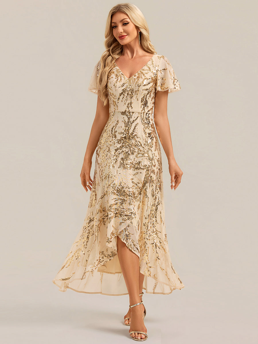 Asymmetrischer Saum V Neck Kleid Pailletten R¨¹schen Glitzerndes Design #Farbe_Gold