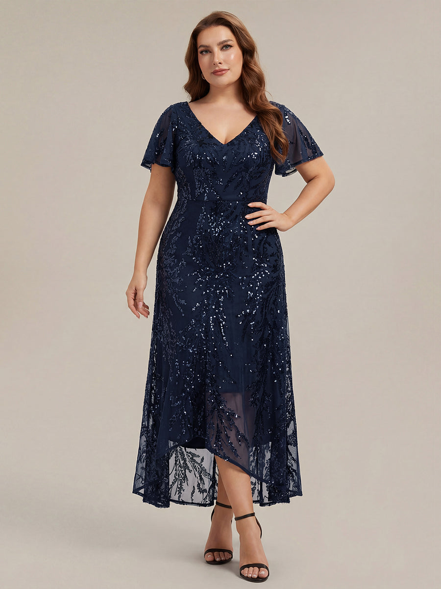 Asymmetrischer Saum V Neck Kleid Pailletten R¨¹schen Glitzerndes Design #Farbe_Marineblau