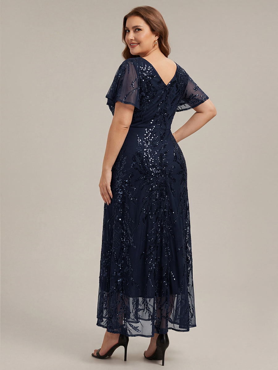 Asymmetrischer Saum V Neck Kleid Pailletten R¨¹schen Glitzerndes Design #Farbe_Marineblau