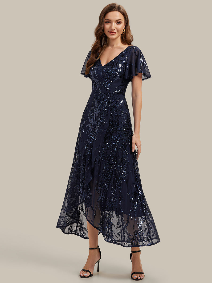Asymmetrischer Saum V Neck Kleid Pailletten R¨¹schen Glitzerndes Design #Farbe_Marineblau