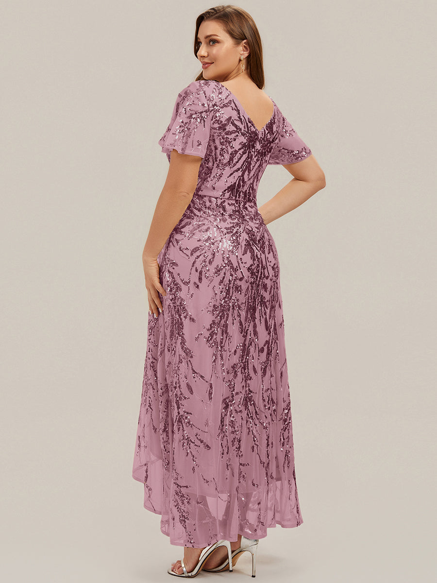 Asymmetrischer Saum V Neck Kleid Pailletten R¨¹schen Glitzerndes Design #Farbe_Orchideenviolett