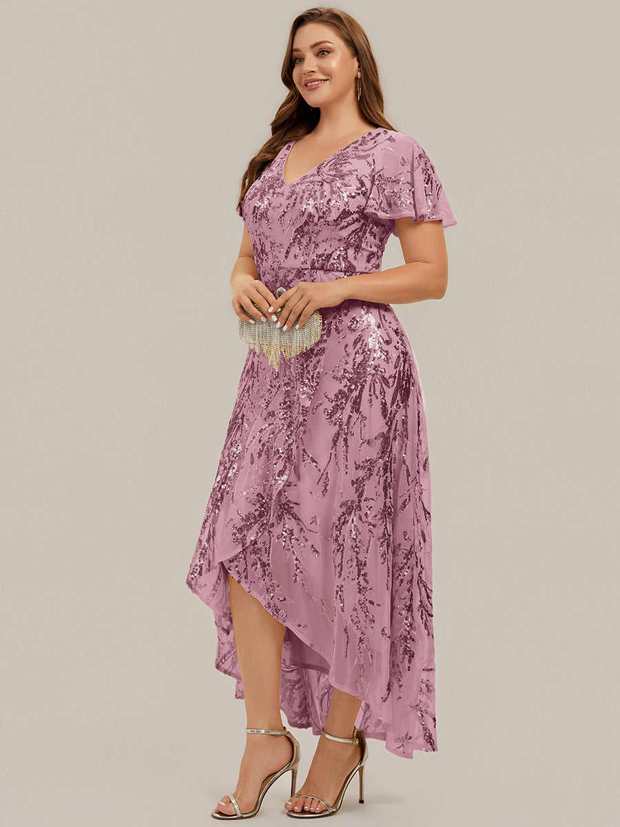 Asymmetrischer Saum V Neck Kleid Pailletten R¨¹schen Glitzerndes Design #Farbe_Orchideenviolett