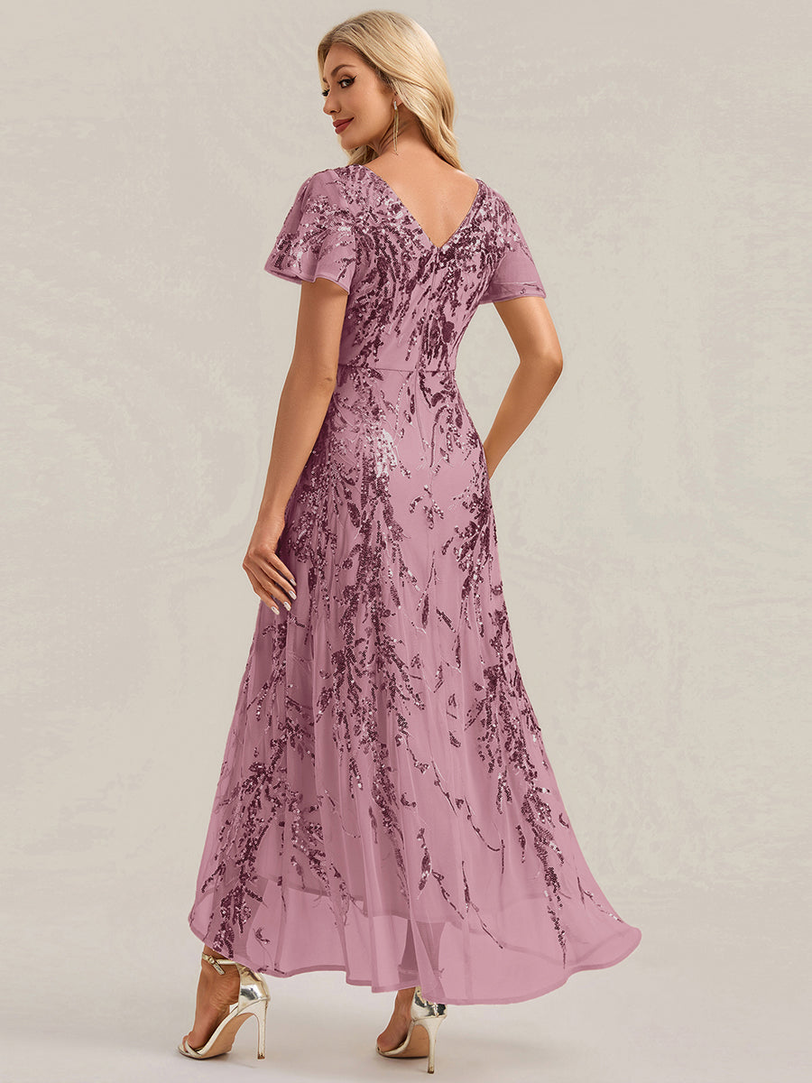 Asymmetrischer Saum V Neck Kleid Pailletten R¨¹schen Glitzerndes Design #Farbe_Orchideenviolett