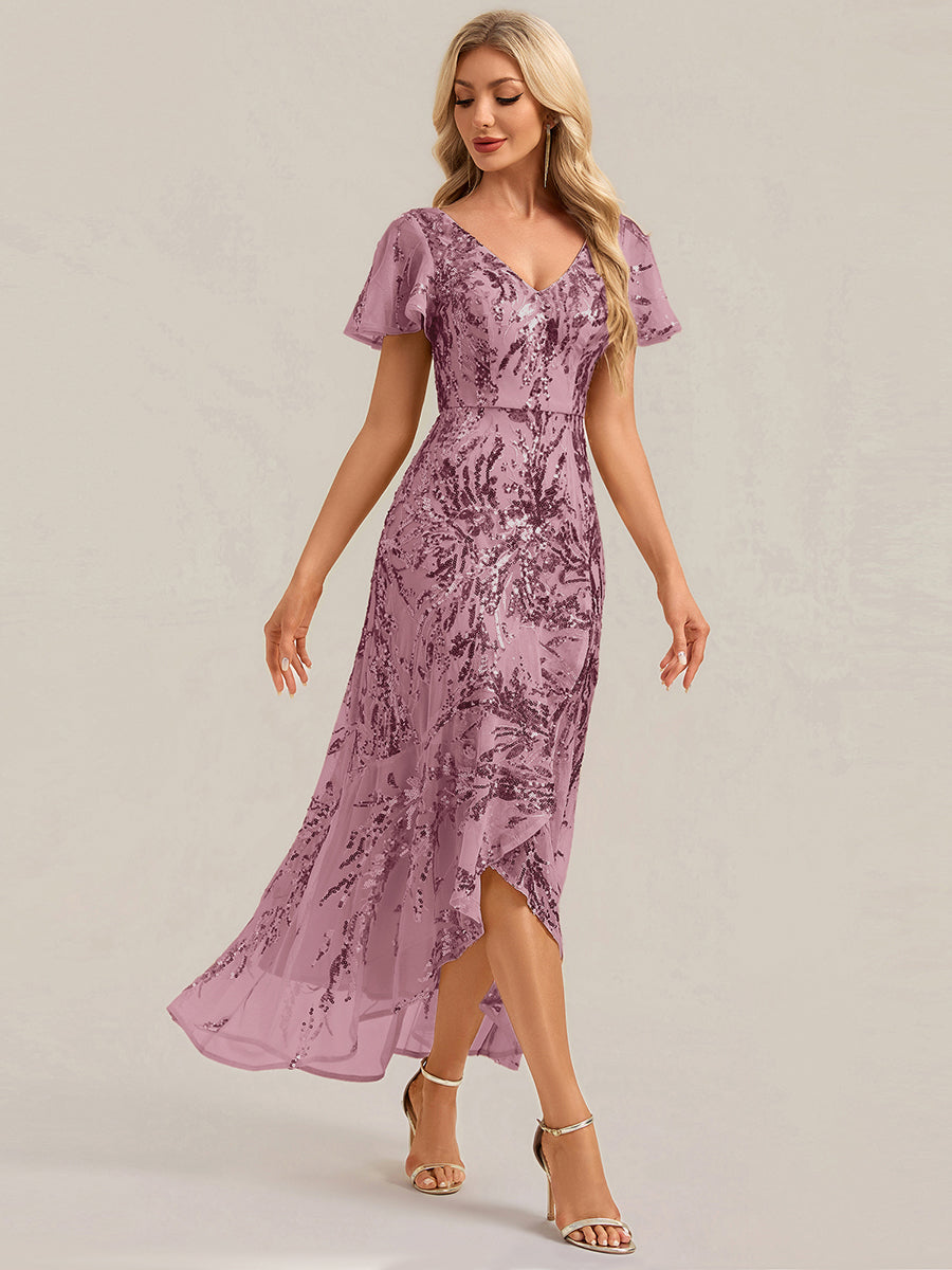 Asymmetrischer Saum V Neck Kleid Pailletten R¨¹schen Glitzerndes Design #Farbe_Orchideenviolett