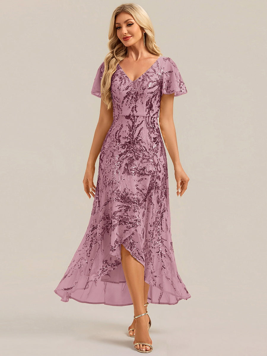 Asymmetrischer Saum V Neck Kleid Pailletten R¨¹schen Glitzerndes Design #Farbe_Orchideenviolett