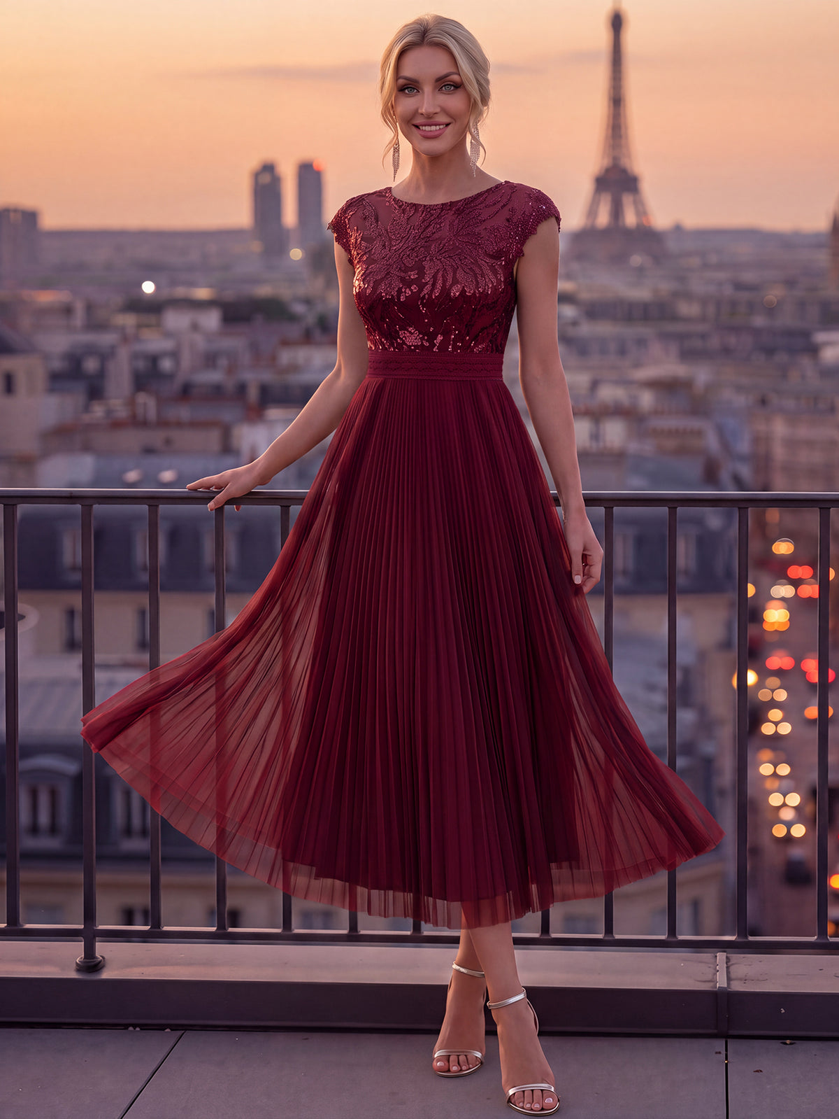 Tea L?nge Rundhals A Linie Pailletten Kleid Mit Sonnenstrahlen Falten Und Durchsichtigen Details Kleid #Farbe_Burgunderrot