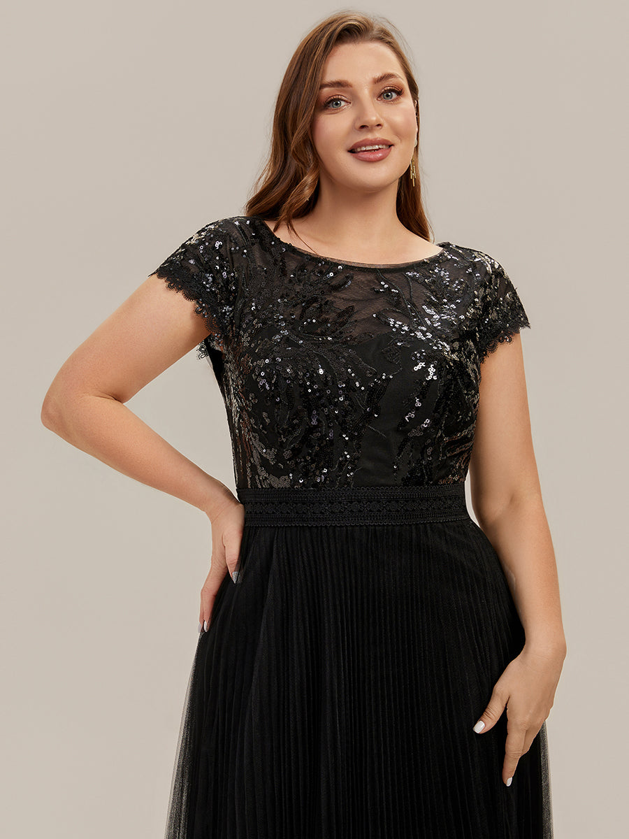 Tea L?nge Rundhals A Linie Pailletten Kleid Mit Sonnenstrahlen Falten Und Durchsichtigen Details Kleid #Farbe_Schwarz