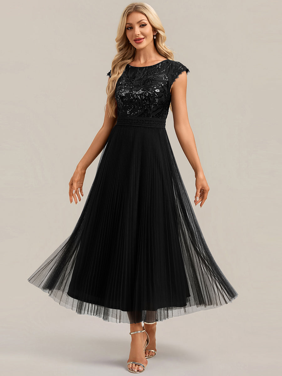 Tea L?nge Rundhals A Linie Pailletten Kleid Mit Sonnenstrahlen Falten Und Durchsichtigen Details Kleid #Farbe_Schwarz