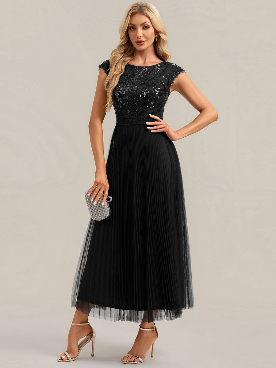 Tea L?nge Rundhals A Linie Pailletten Kleid Mit Sonnenstrahlen Falten Und Durchsichtigen Details Kleid #Farbe_Schwarz