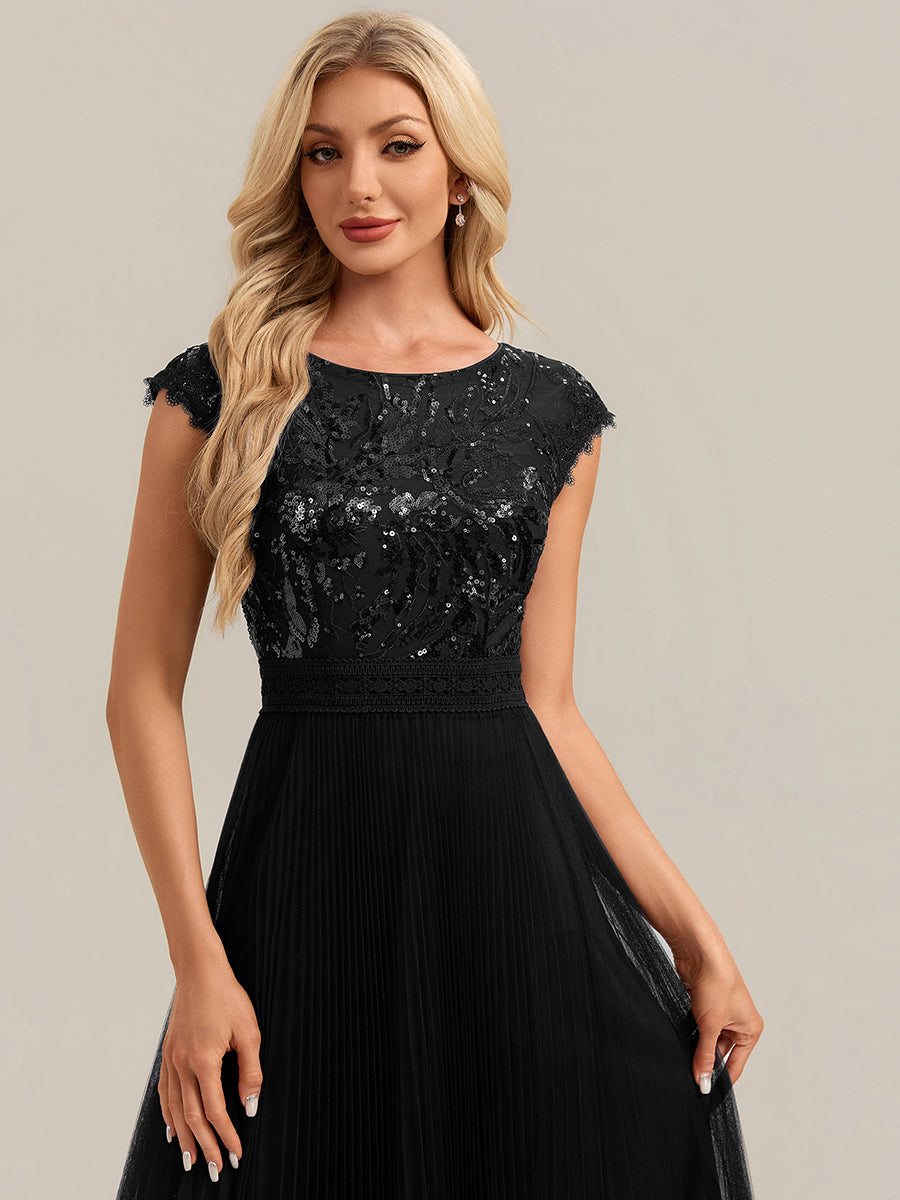 Tea L?nge Rundhals A Linie Pailletten Kleid Mit Sonnenstrahlen Falten Und Durchsichtigen Details Kleid #Farbe_Schwarz