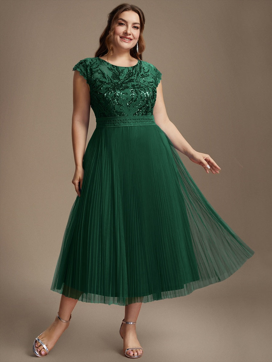 Tea L?nge Rundhals A Linie Pailletten Kleid Mit Sonnenstrahlen Falten Und Durchsichtigen Details Kleid #Farbe_Dunkelgrün
