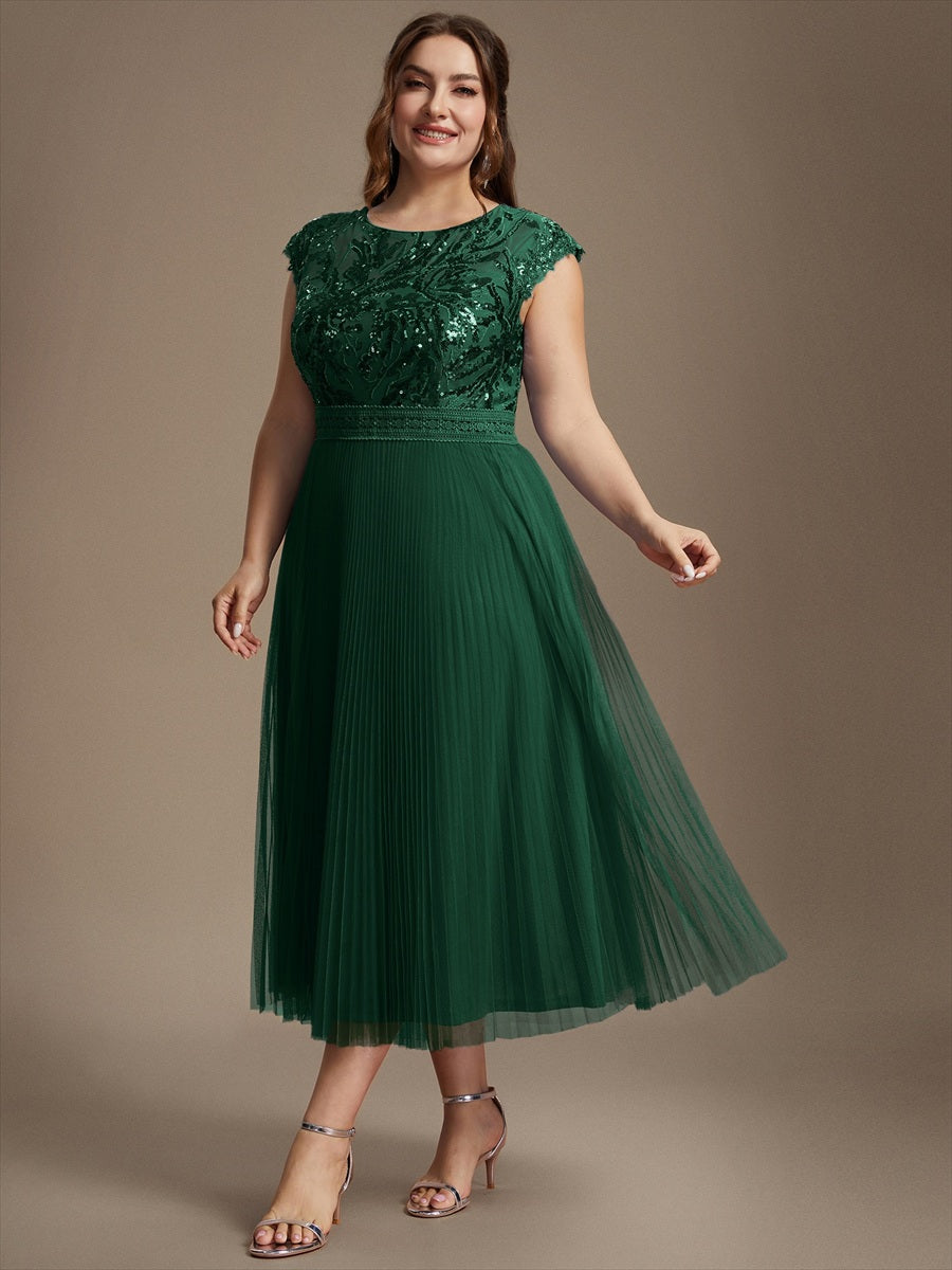 Tea L?nge Rundhals A Linie Pailletten Kleid Mit Sonnenstrahlen Falten Und Durchsichtigen Details Kleid #Farbe_Dunkelgrün