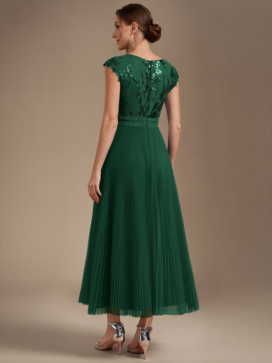 Tea L?nge Rundhals A Linie Pailletten Kleid Mit Sonnenstrahlen Falten Und Durchsichtigen Details Kleid #Farbe_Dunkelgrün