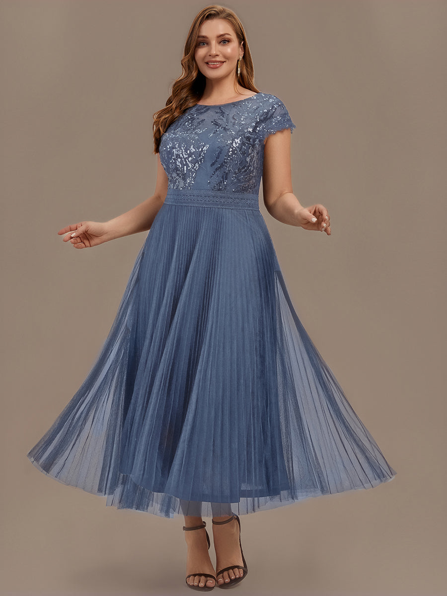 Tea L?nge Rundhals A Linie Pailletten Kleid Mit Sonnenstrahlen Falten Und Durchsichtigen Details Kleid #Farbe_Taubenblau