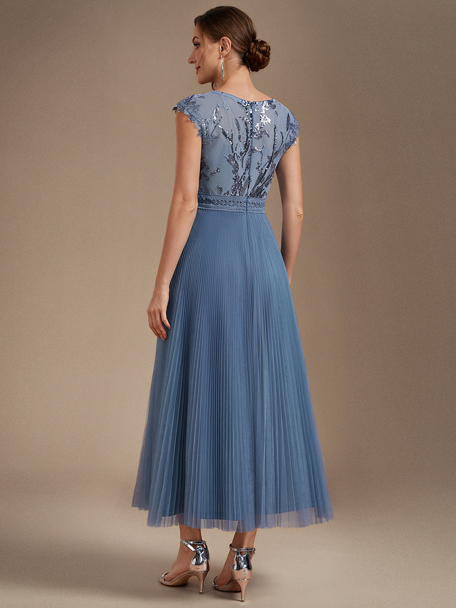 Tea L?nge Rundhals A Linie Pailletten Kleid Mit Sonnenstrahlen Falten Und Durchsichtigen Details Kleid #Farbe_Taubenblau