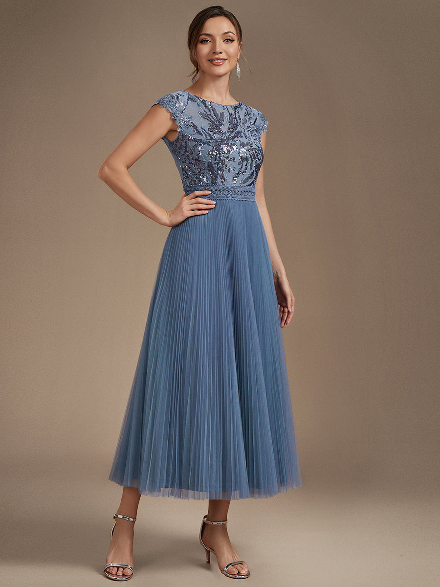 Tea L?nge Rundhals A Linie Pailletten Kleid Mit Sonnenstrahlen Falten Und Durchsichtigen Details Kleid #Farbe_Taubenblau