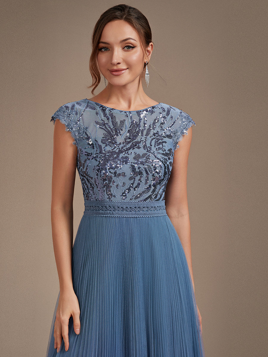 Tea L?nge Rundhals A Linie Pailletten Kleid Mit Sonnenstrahlen Falten Und Durchsichtigen Details Kleid #Farbe_Taubenblau