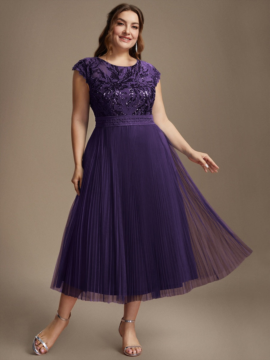 Tea L?nge Rundhals A Linie Pailletten Kleid Mit Sonnenstrahlen Falten Und Durchsichtigen Details Kleid #Farbe_Dunkelviolett