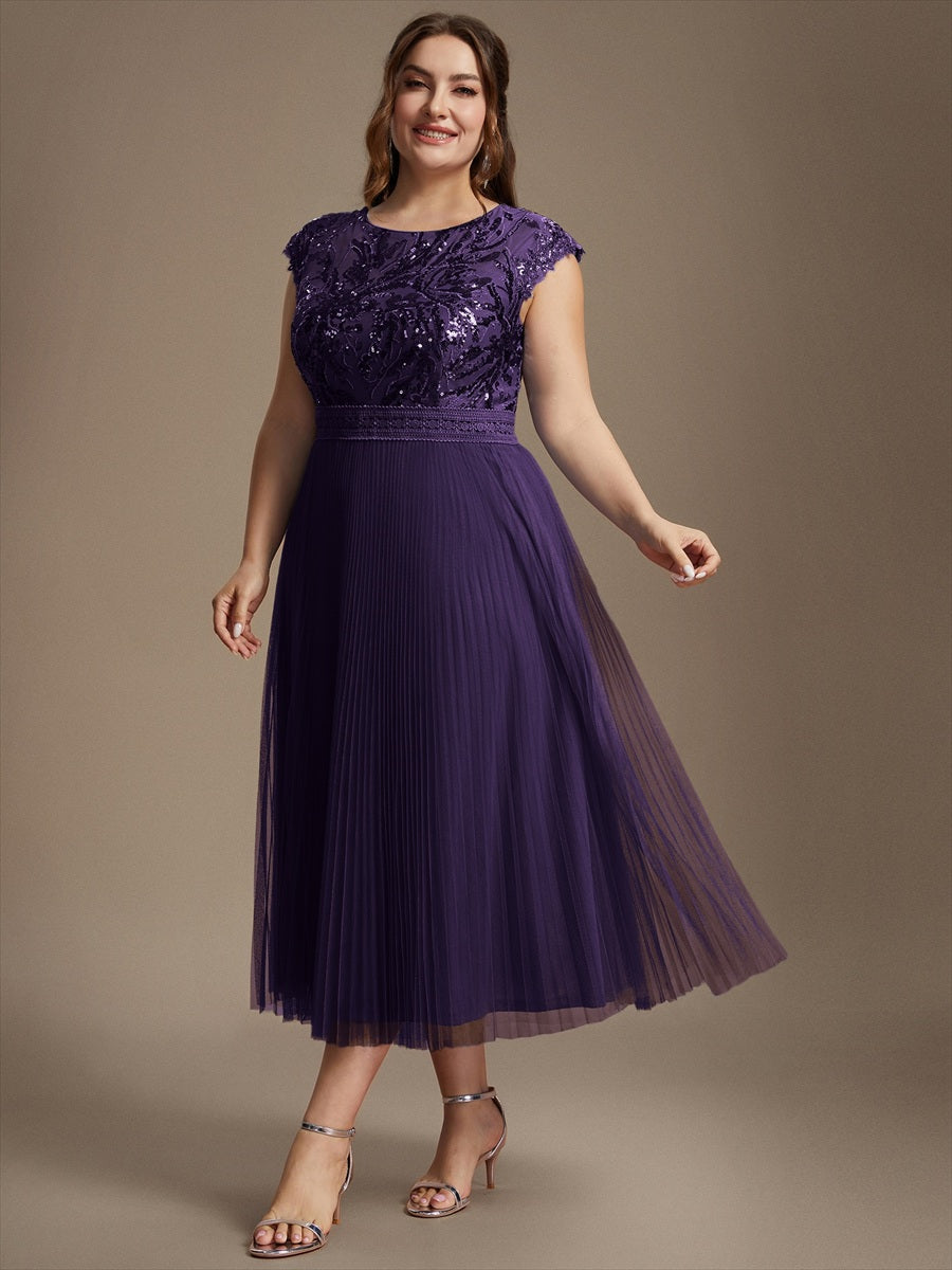Tea L?nge Rundhals A Linie Pailletten Kleid Mit Sonnenstrahlen Falten Und Durchsichtigen Details Kleid #Farbe_Dunkelviolett