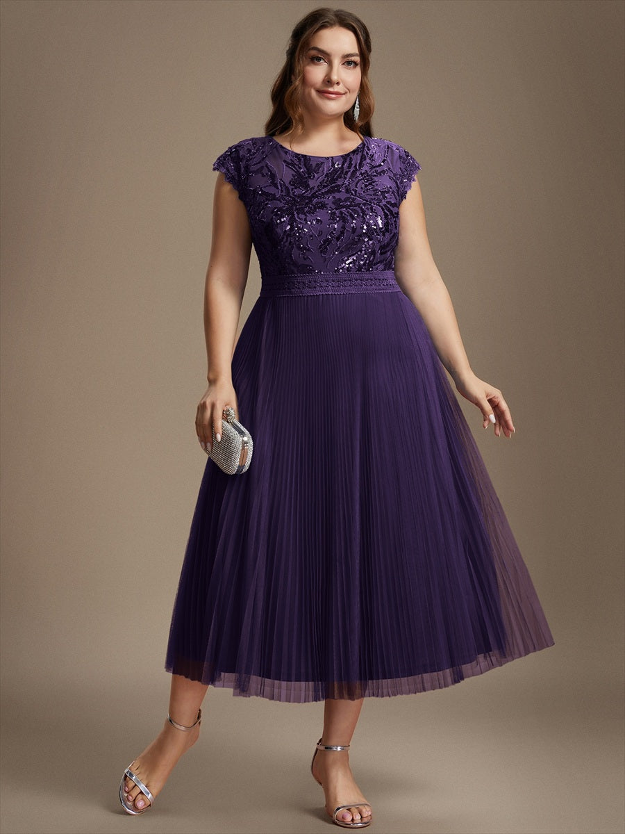 Tea L?nge Rundhals A Linie Pailletten Kleid Mit Sonnenstrahlen Falten Und Durchsichtigen Details Kleid #Farbe_Dunkelviolett