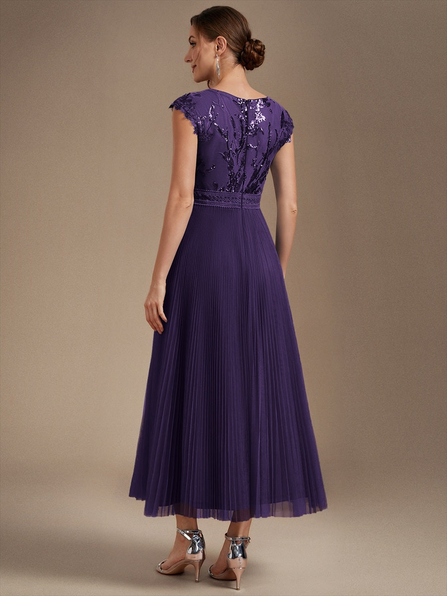 Tea L?nge Rundhals A Linie Pailletten Kleid Mit Sonnenstrahlen Falten Und Durchsichtigen Details Kleid #Farbe_Dunkelviolett