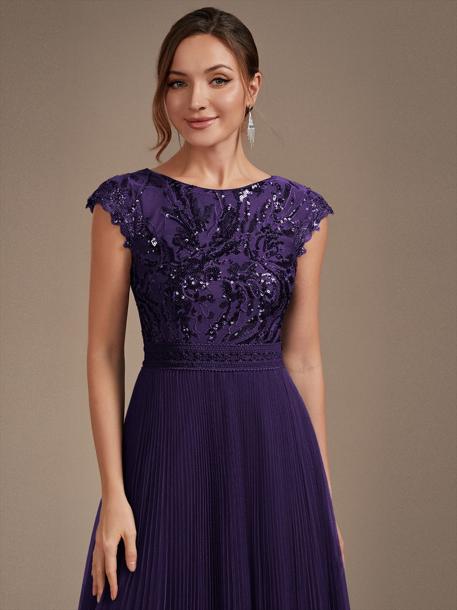 Tea L?nge Rundhals A Linie Pailletten Kleid Mit Sonnenstrahlen Falten Und Durchsichtigen Details Kleid #Farbe_Dunkelviolett