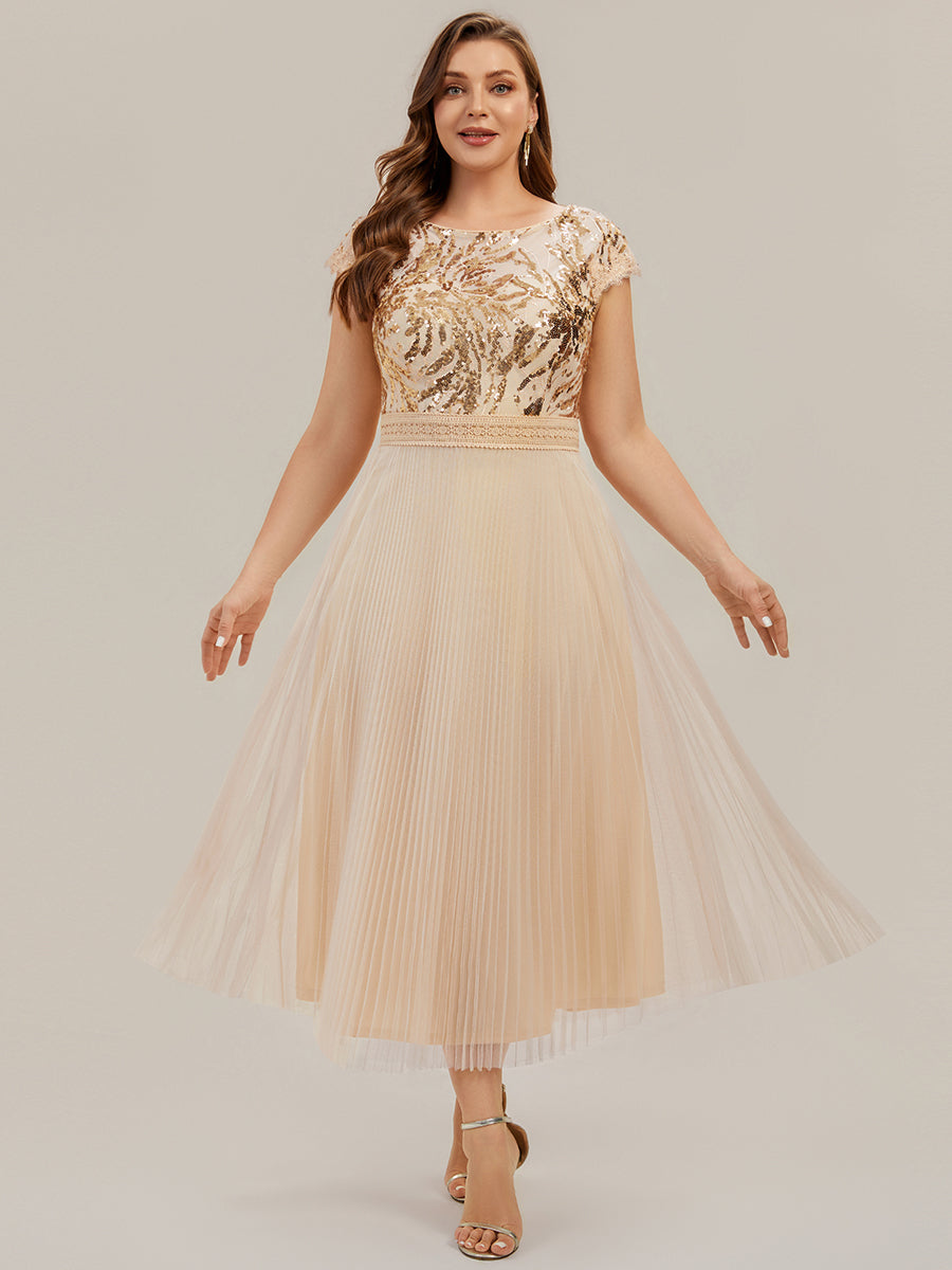 Tea L?nge Rundhals A Linie Pailletten Kleid Mit Sonnenstrahlen Falten Und Durchsichtigen Details Kleid #Farbe_Gold