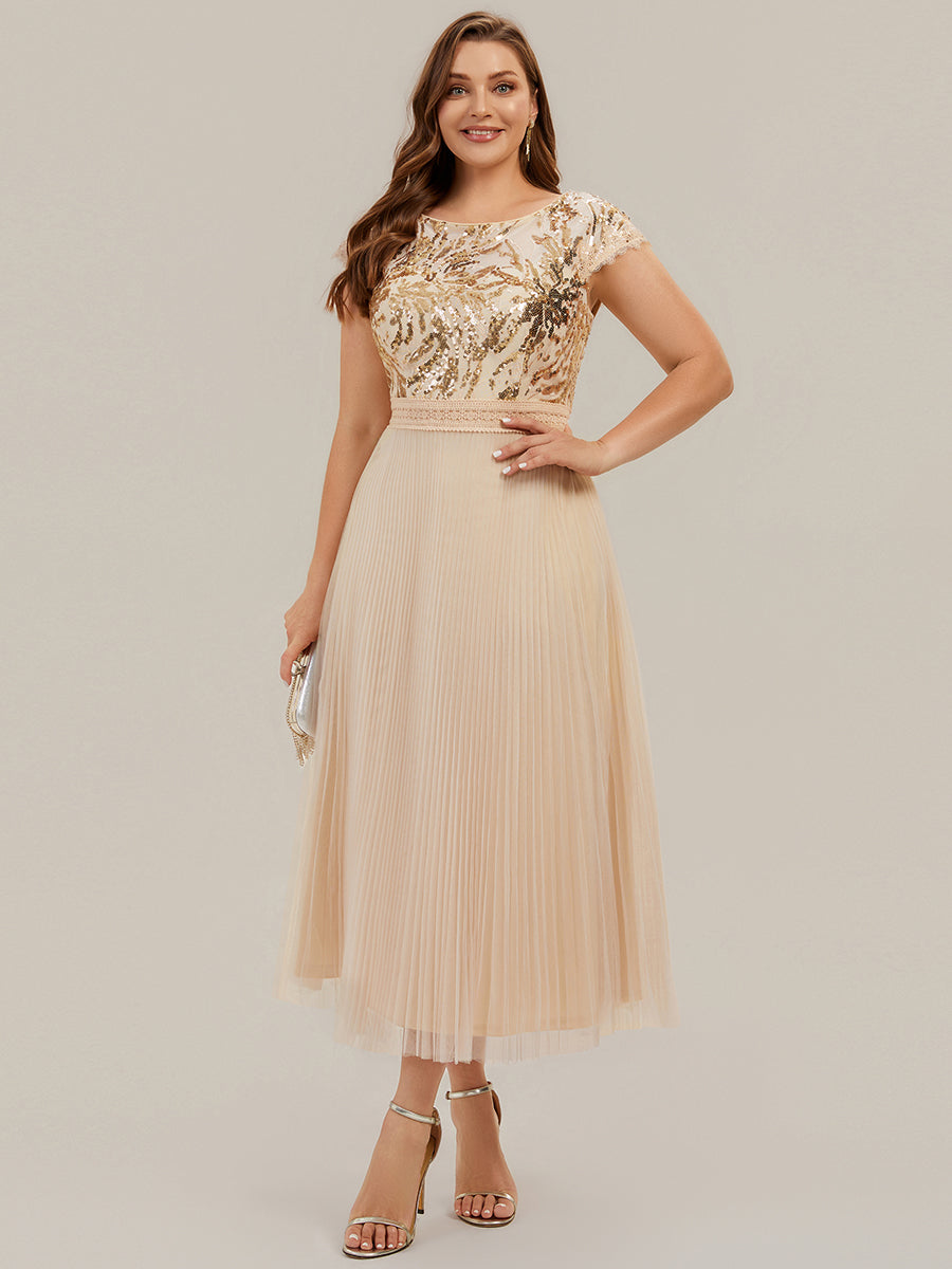 Tea L?nge Rundhals A Linie Pailletten Kleid Mit Sonnenstrahlen Falten Und Durchsichtigen Details Kleid #Farbe_Gold