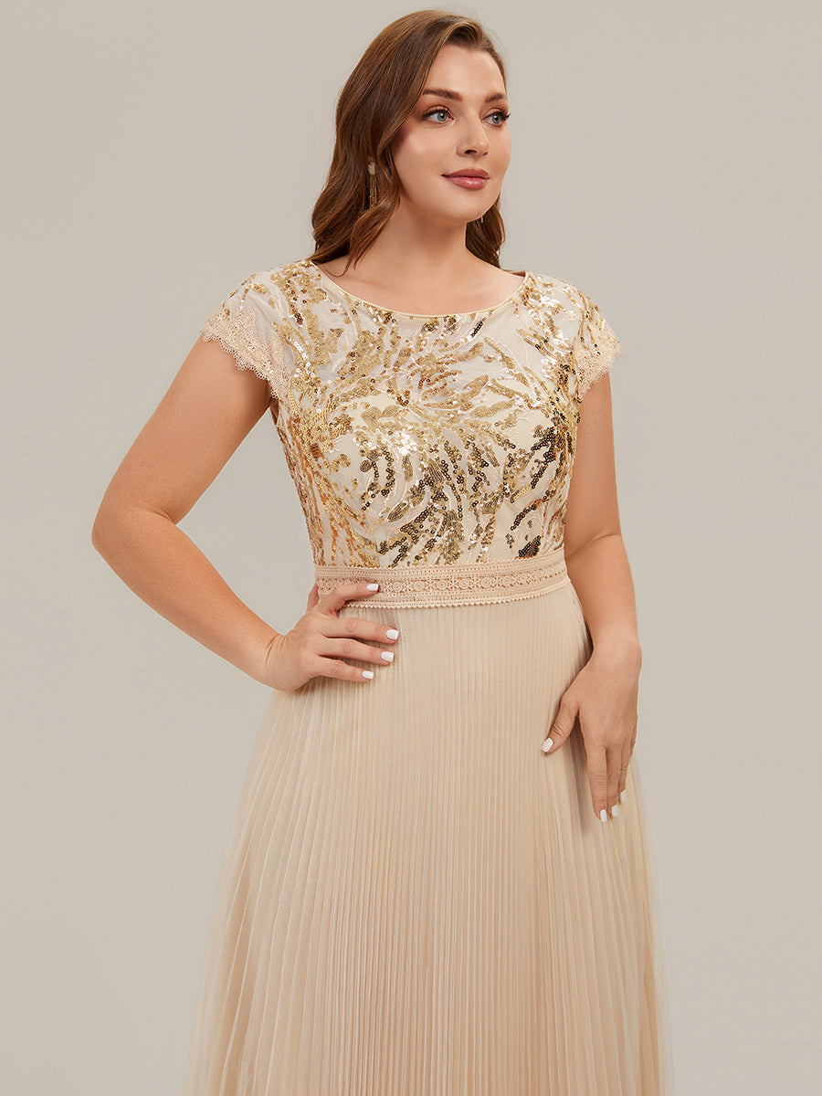 Tea L?nge Rundhals A Linie Pailletten Kleid Mit Sonnenstrahlen Falten Und Durchsichtigen Details Kleid #Farbe_Gold