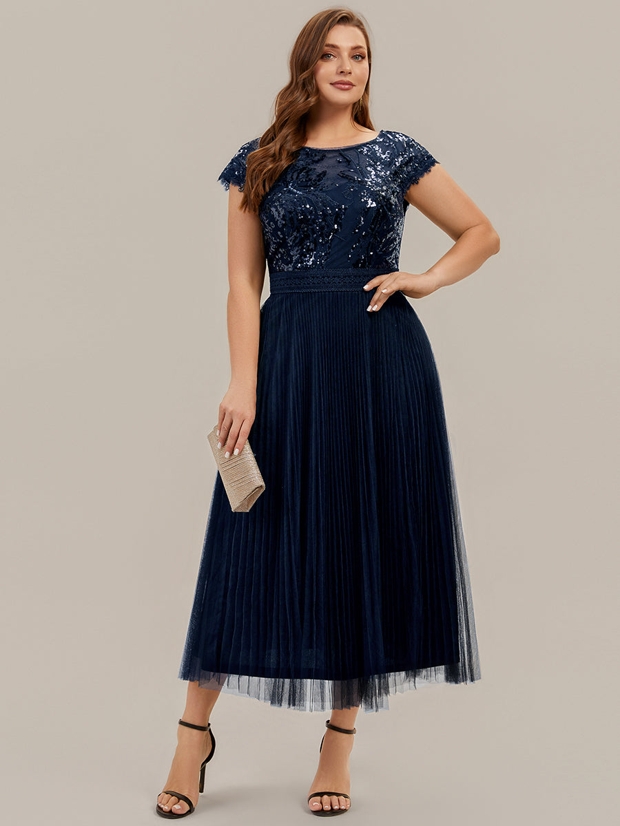 Tea L?nge Rundhals A Linie Pailletten Kleid Mit Sonnenstrahlen Falten Und Durchsichtigen Details Kleid #Farbe_Marineblau
