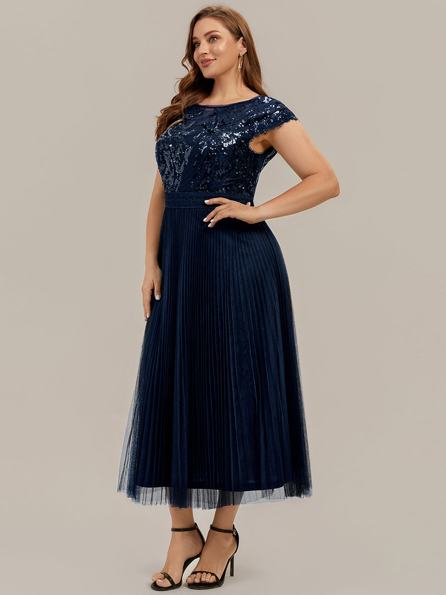 Tea L?nge Rundhals A Linie Pailletten Kleid Mit Sonnenstrahlen Falten Und Durchsichtigen Details Kleid #Farbe_Marineblau
