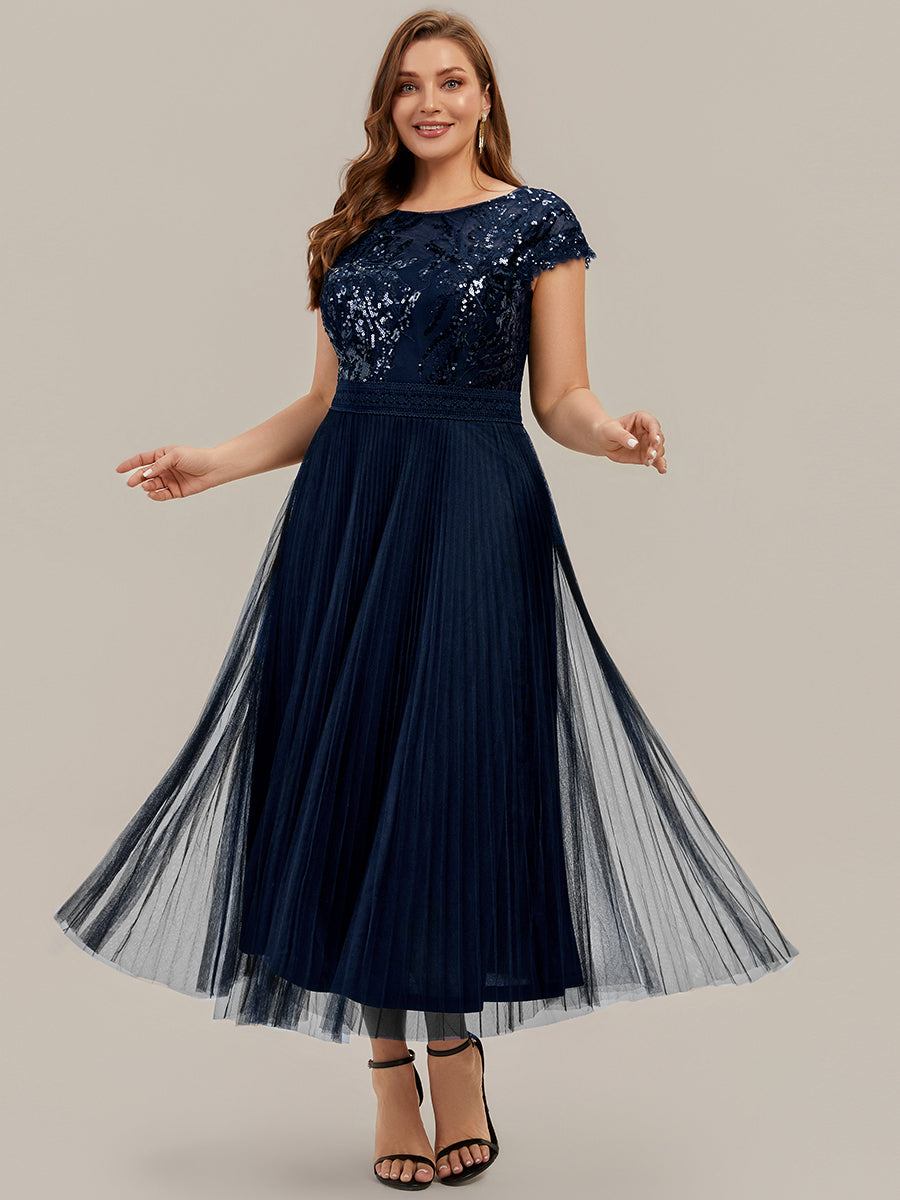 Tea L?nge Rundhals A Linie Pailletten Kleid Mit Sonnenstrahlen Falten Und Durchsichtigen Details Kleid #Farbe_Marineblau