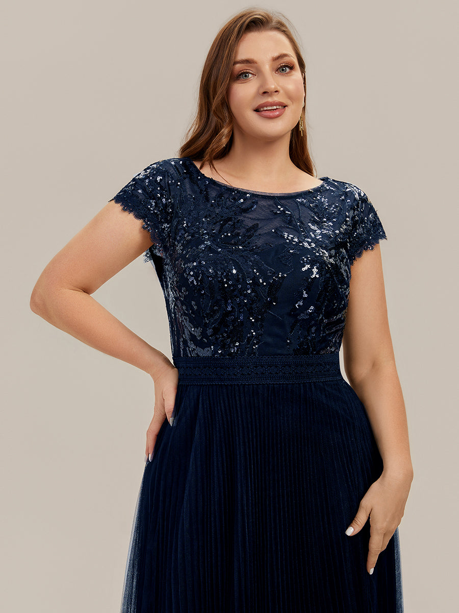 Tea L?nge Rundhals A Linie Pailletten Kleid Mit Sonnenstrahlen Falten Und Durchsichtigen Details Kleid #Farbe_Marineblau