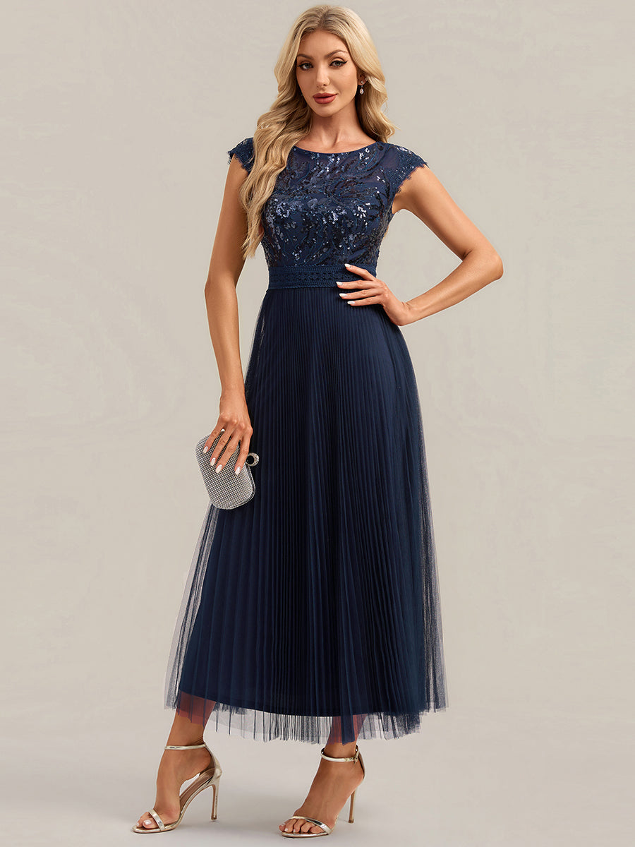 Tea L?nge Rundhals A Linie Pailletten Kleid Mit Sonnenstrahlen Falten Und Durchsichtigen Details Kleid #Farbe_Marineblau
