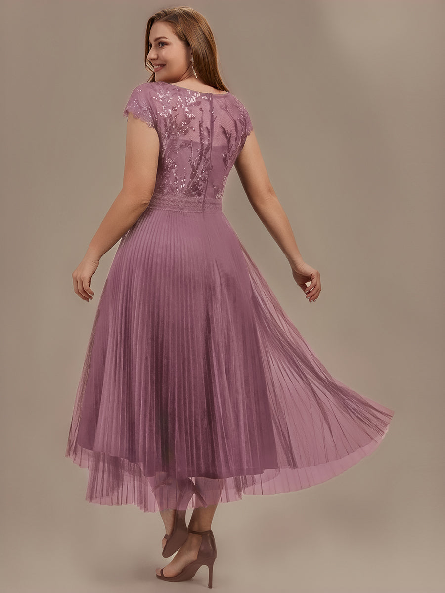 Tea L?nge Rundhals A Linie Pailletten Kleid Mit Sonnenstrahlen Falten Und Durchsichtigen Details Kleid #Farbe_Orchideenviolett