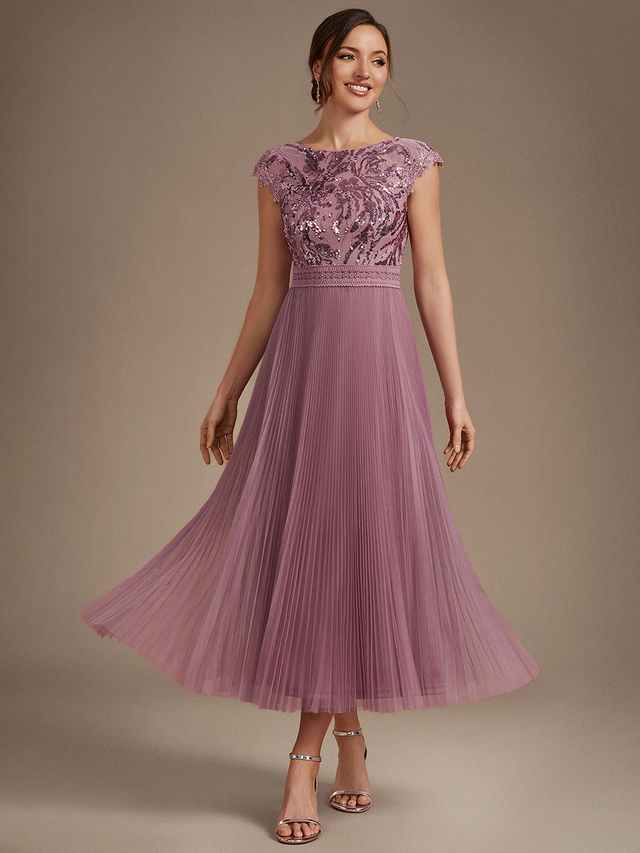 Tea L?nge Rundhals A Linie Pailletten Kleid Mit Sonnenstrahlen Falten Und Durchsichtigen Details Kleid #Farbe_Orchideenviolett